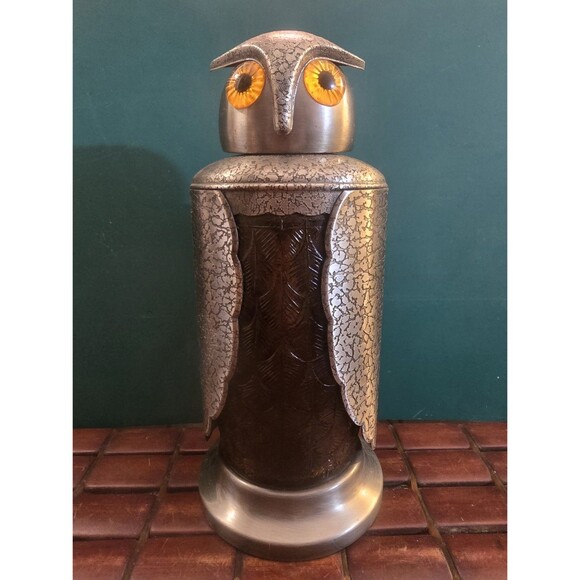 Mid Century Owl Decanter Pewter & Amber Glass 9"x4" Diameter 1 Liter Capacity - Picture 1 of 8